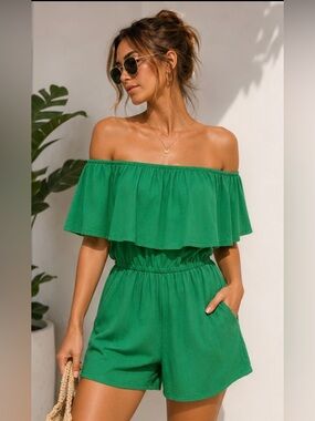eesome Emerald Green Off Shoulder Romper NWOT